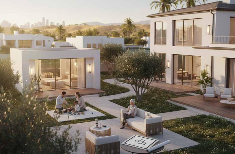 Modern California home with backyard ADU and multigenerational family enjoying outdoor space, illustrating ADU financing and housing trends in 2026