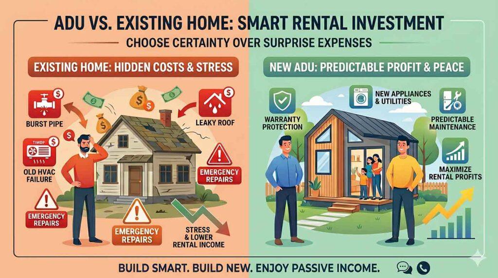 Infographic comparing rental investment of an existing home with hidden costs versus a new ADU with predictable profits and warranty protection.