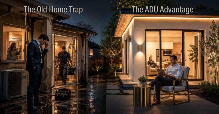 Side-by-side comparison of an aging rental property requiring emergency repairs and a modern ADU with relaxed homeowners enjoying low-maintenance living and passive rental income.