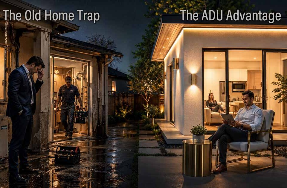 Side-by-side comparison of an aging rental property requiring emergency repairs and a modern ADU with relaxed homeowners enjoying low-maintenance living and passive rental income.