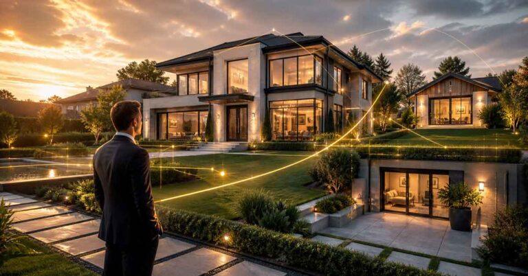 Luxury modern home with two accessory dwelling units (ADUs) at sunset, illustrating increased property value, rental income potential, and new Fannie Mae financing opportunities.