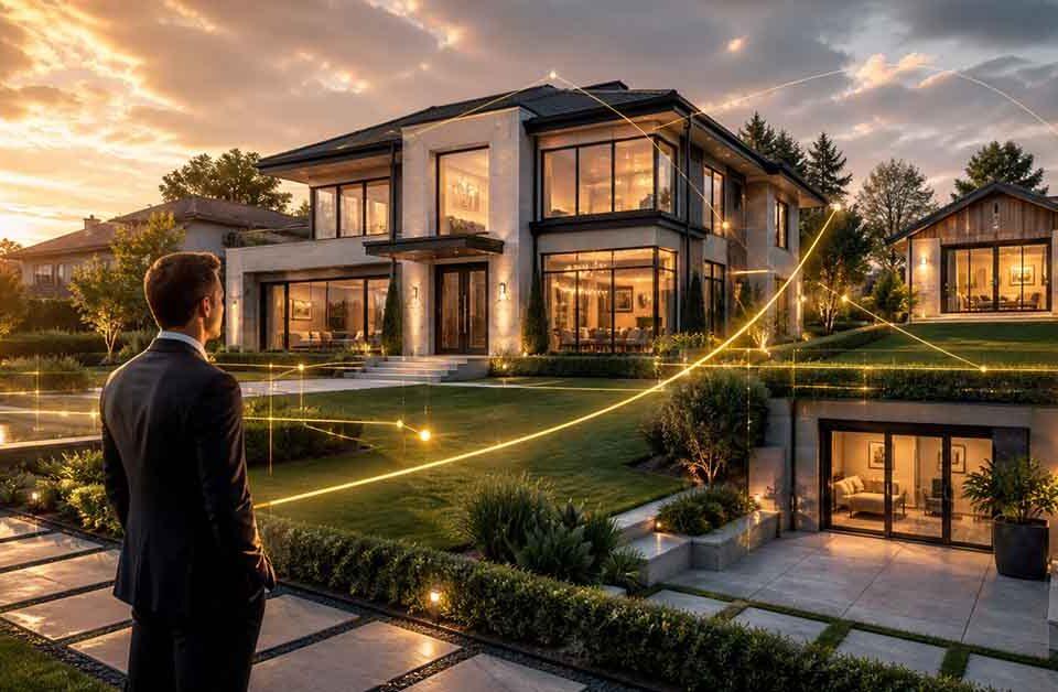 Luxury modern home with two accessory dwelling units (ADUs) at sunset, illustrating increased property value, rental income potential, and new Fannie Mae financing opportunities.