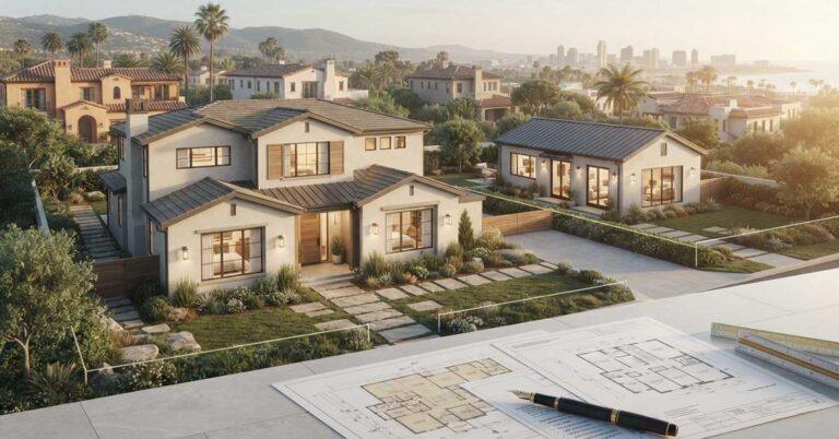 Architectural blueprints and floor plans laid out on desk with modern two-unit residential property featuring main house and ADU in background, San Diego hills and skyline visible