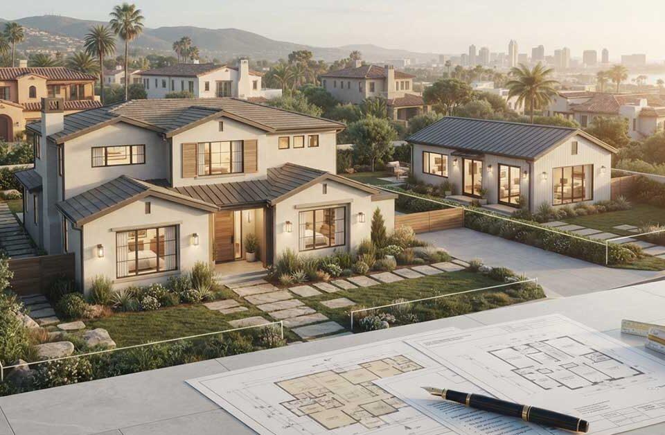 Architectural blueprints and floor plans laid out on desk with modern two-unit residential property featuring main house and ADU in background, San Diego hills and skyline visible