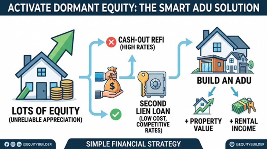 Infographic showing how to activate dormant home equity by using second lien loans to build an ADU instead of cash-out refinance, resulting in increased property value and rental income