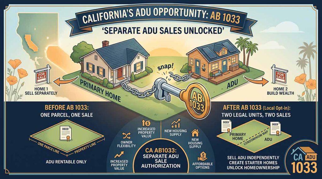 Infographic showing California AB 1033 legislation allowing ADUs to be sold separately from primary homes. Illustration depicts a key labeled 'AB 1033' breaking chains between a primary residence and ADU, transforming from 'one parcel, one sale' to 'two legal units, two sales' with benefits including increased property value, owner flexibility, and new housing supply.