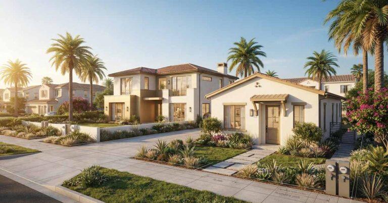 Modern California residential property in San Diego featuring a two-story primary home with a separate detached ADU (accessory dwelling unit) surrounded by palm trees and drought-resistant landscaping