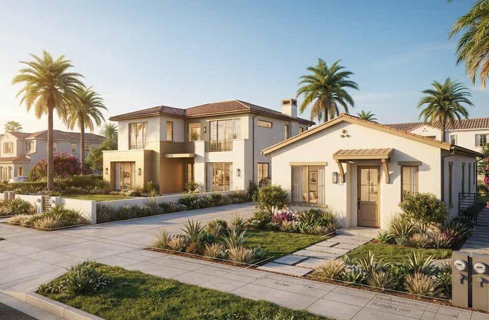 Modern California residential property in San Diego featuring a two-story primary home with a separate detached ADU (accessory dwelling unit) surrounded by palm trees and drought-resistant landscaping