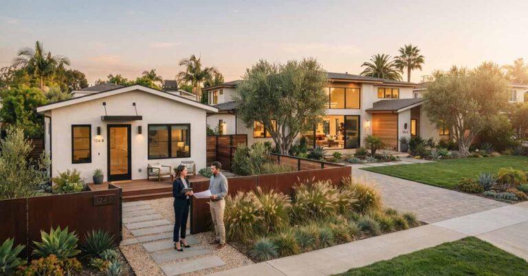 Modern white ADU unit 124B with separate entrance next to main house in California, with real estate professional and homeowner reviewing documents, illustrating AB 1033 separate ADU sale possibility