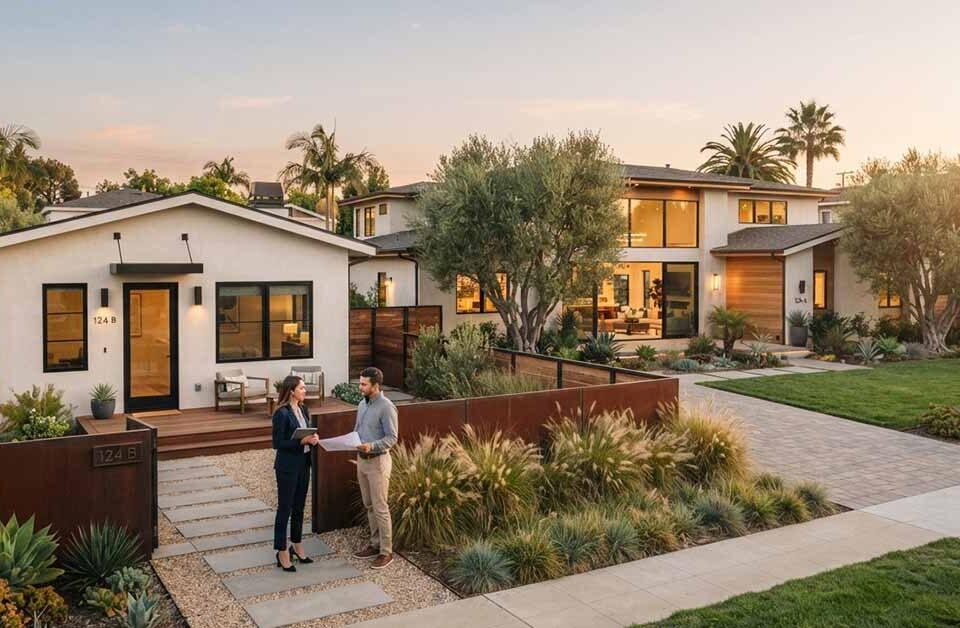 Modern white ADU unit 124B with separate entrance next to main house in California, with real estate professional and homeowner reviewing documents, illustrating AB 1033 separate ADU sale possibility