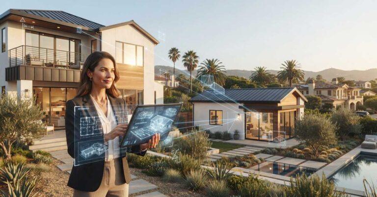 Professional woman holding a tablet displaying holographic architectural blueprints of a modern home with ADU, standing in front of a California property with palm trees and solar panels, representing modern ADU appraisal and design technology