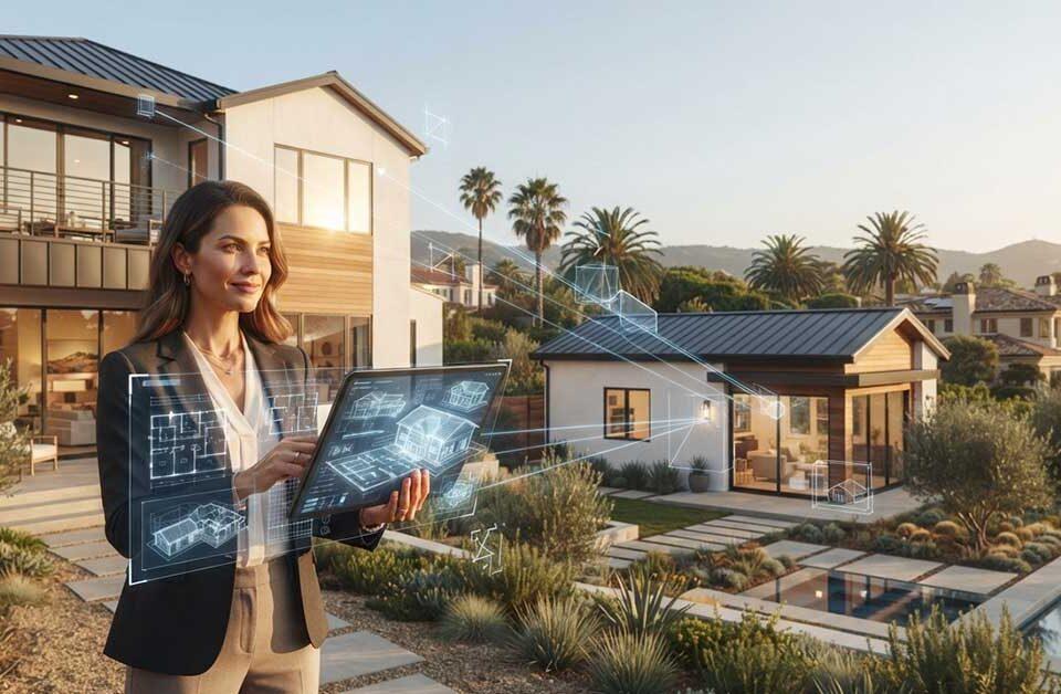 Professional woman holding a tablet displaying holographic architectural blueprints of a modern home with ADU, standing in front of a California property with palm trees and solar panels, representing modern ADU appraisal and design technology