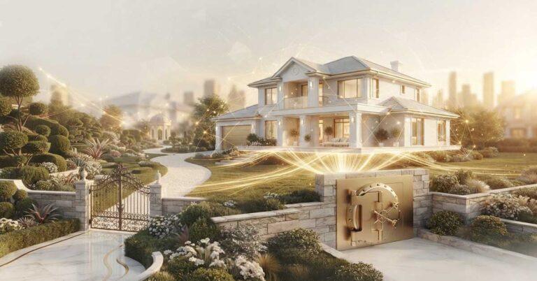 Luxury white home with golden vault door in stone wall emitting radiant light beams, symbolizing unlocked home equity and hidden wealth