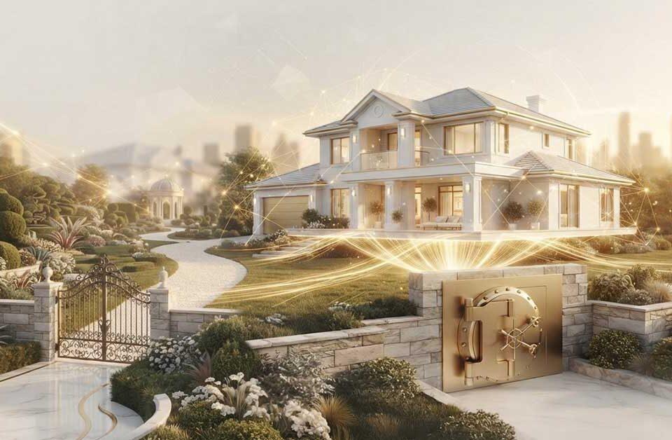 Luxury white home with golden vault door in stone wall emitting radiant light beams, symbolizing unlocked home equity and hidden wealth