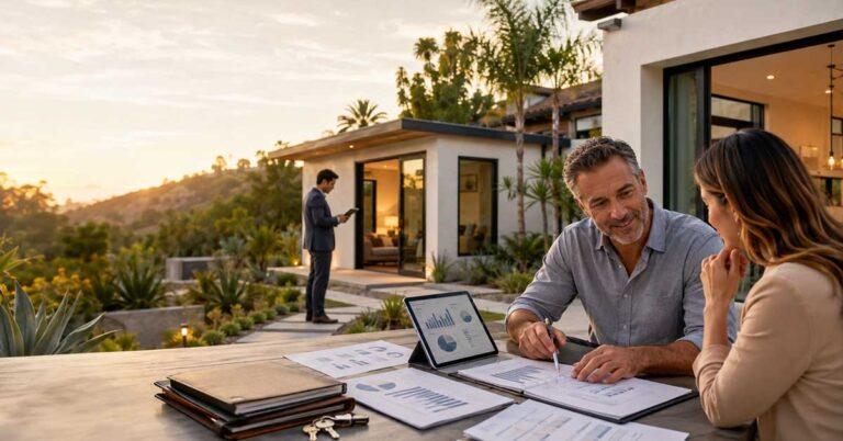 California homeowner reviewing second lien ADU loan options with a financing advisor beside a completed backyard ADU.