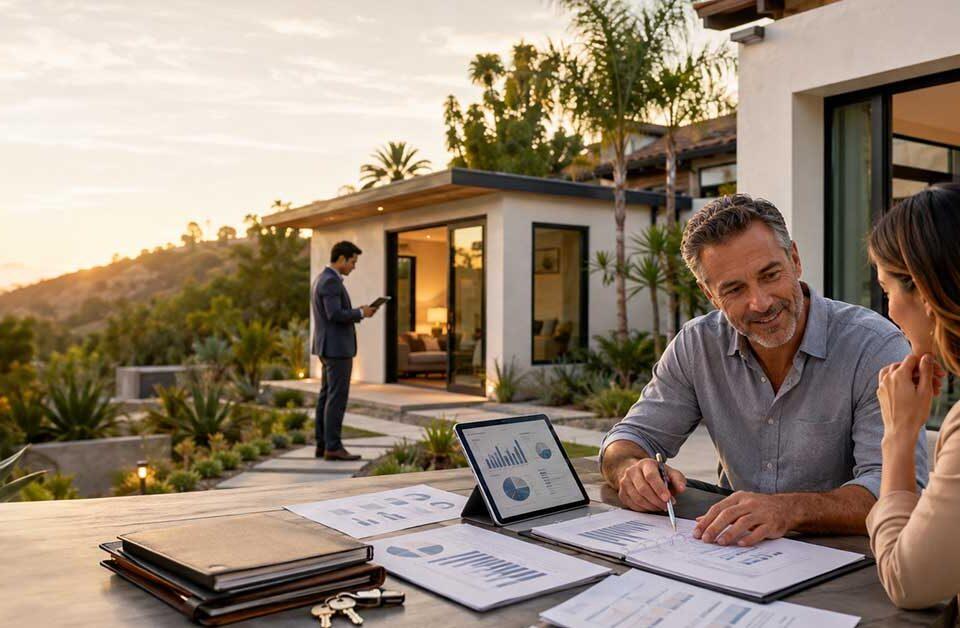 California homeowner reviewing second lien ADU loan options with a financing advisor beside a completed backyard ADU.