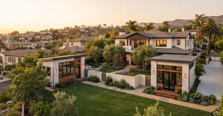 Aerial sunset view of a two-story California home with two modern detached ADUs in the backyard, illustrating ADU construction funded by a second lien loan without refinancing the first mortgage