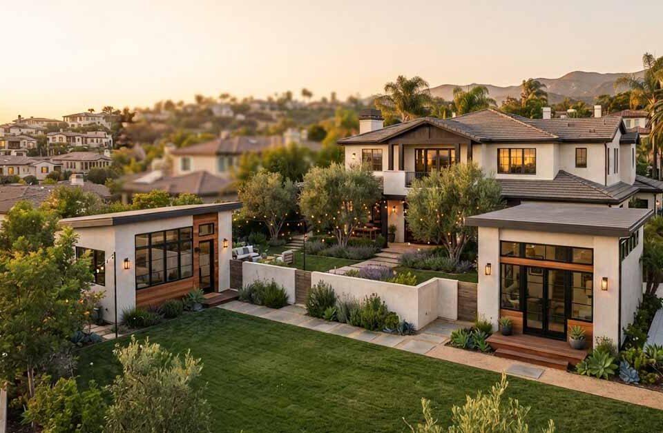 Aerial sunset view of a two-story California home with two modern detached ADUs in the backyard, illustrating ADU construction funded by a second lien loan without refinancing the first mortgage
