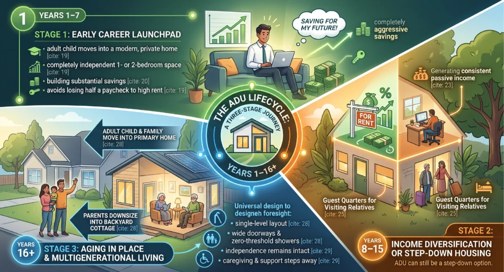 ADU lifecycle infographic showing early-career housing, rental income, guest use, aging in place, and multigenerational living.