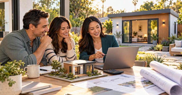 California homeowners reviewing ADU financing with an advisor before starting backyard ADU design and construction.