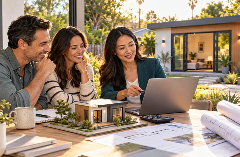 California homeowners reviewing ADU financing with an advisor before starting backyard ADU design and construction.